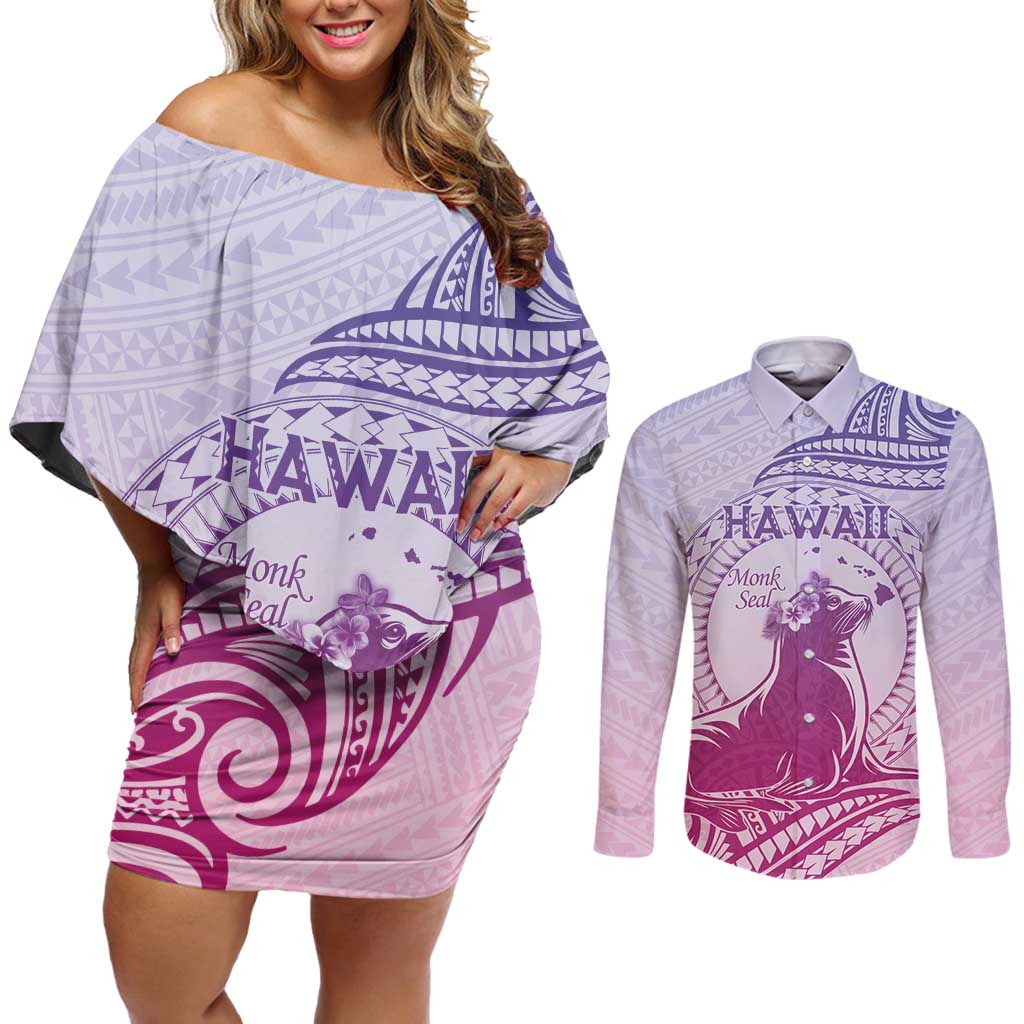 Personalised Hawaii Monk Seal Couples Matching Off Shoulder Short Dress and Long Sleeve Button Shirt Polynesian Tattoo With Tropical Flowers - Purple Gradient