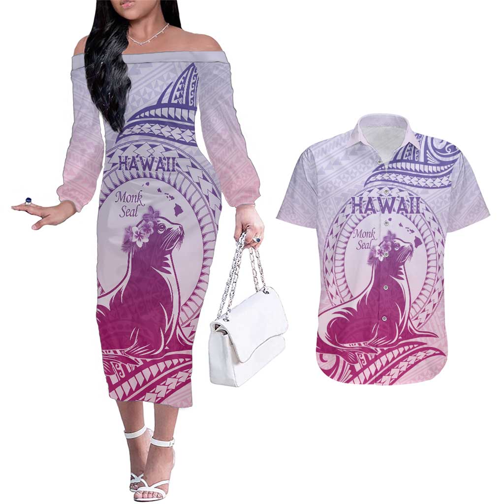 Personalised Hawaii Monk Seal Couples Matching Off The Shoulder Long Sleeve Dress and Hawaiian Shirt Polynesian Tattoo With Tropical Flowers - Purple Gradient