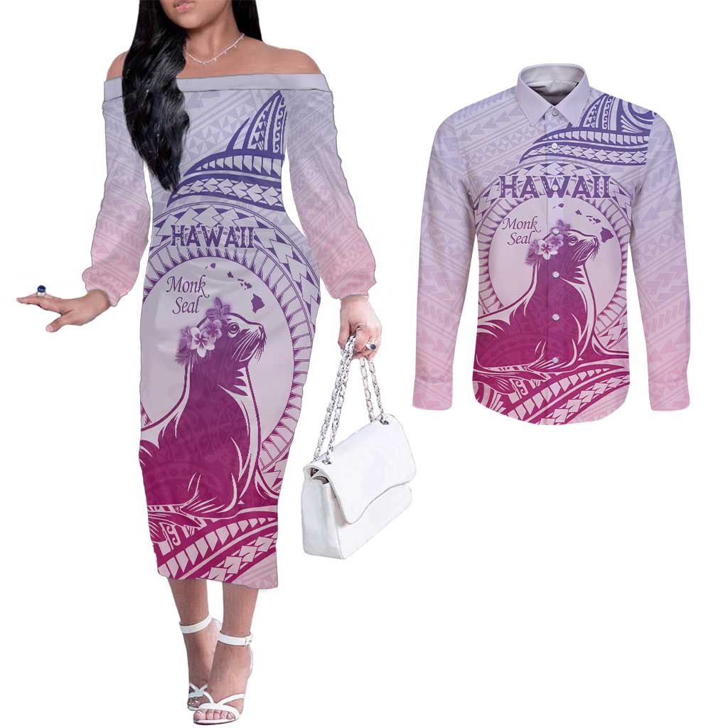 Personalised Hawaii Monk Seal Couples Matching Off The Shoulder Long Sleeve Dress and Long Sleeve Button Shirt Polynesian Tattoo With Tropical Flowers - Purple Gradient