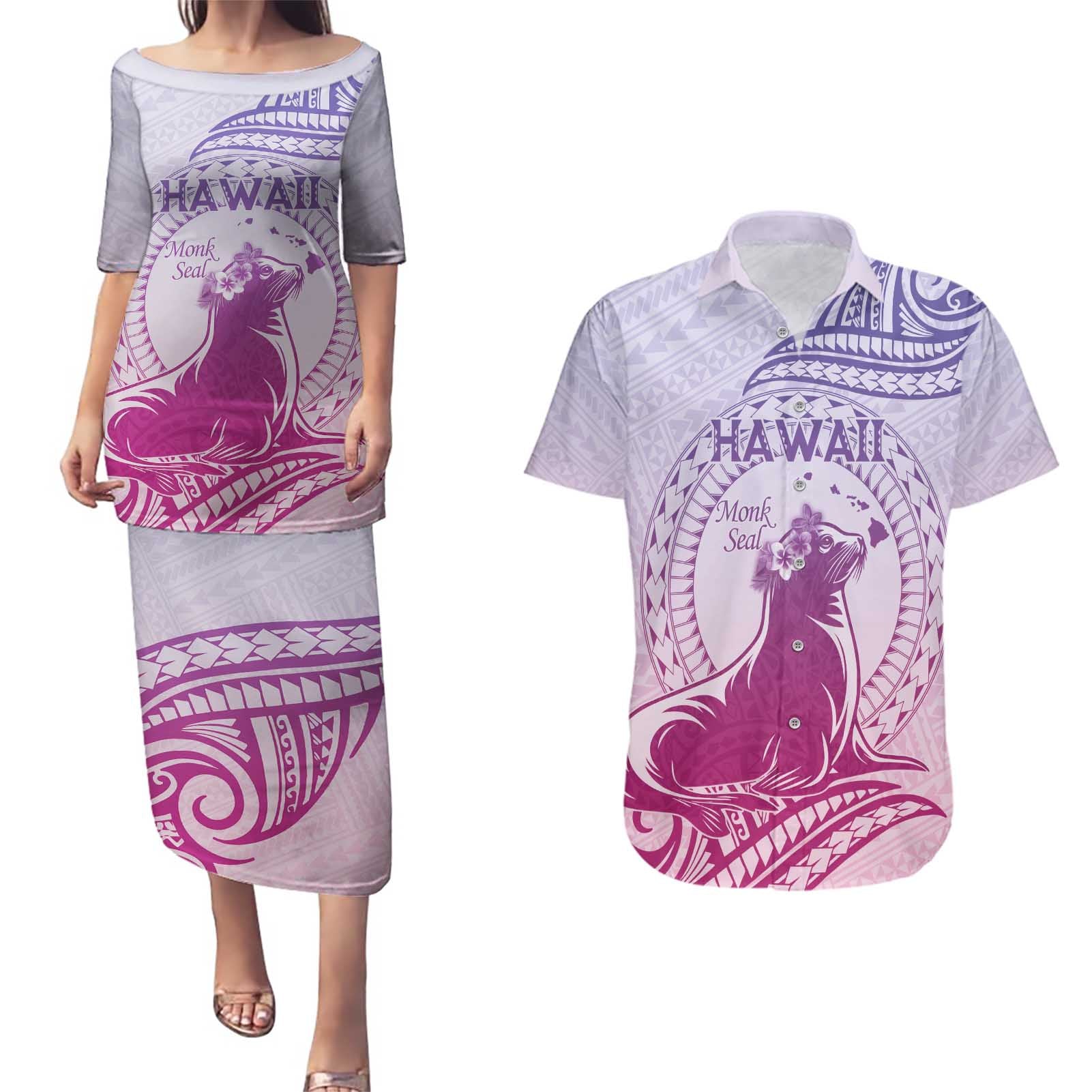 Personalised Hawaii Monk Seal Couples Matching Puletasi and Hawaiian Shirt Polynesian Tattoo With Tropical Flowers - Purple Gradient