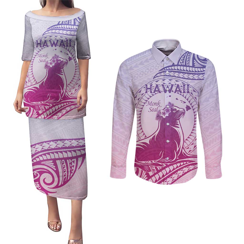 Personalised Hawaii Monk Seal Couples Matching Puletasi and Long Sleeve Button Shirt Polynesian Tattoo With Tropical Flowers - Purple Gradient