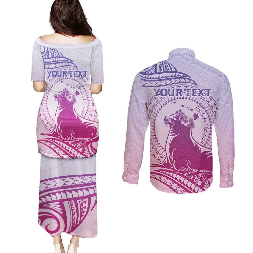 Personalised Hawaii Monk Seal Couples Matching Puletasi and Long Sleeve Button Shirt Polynesian Tattoo With Tropical Flowers - Purple Gradient LT14 - Polynesian Pride