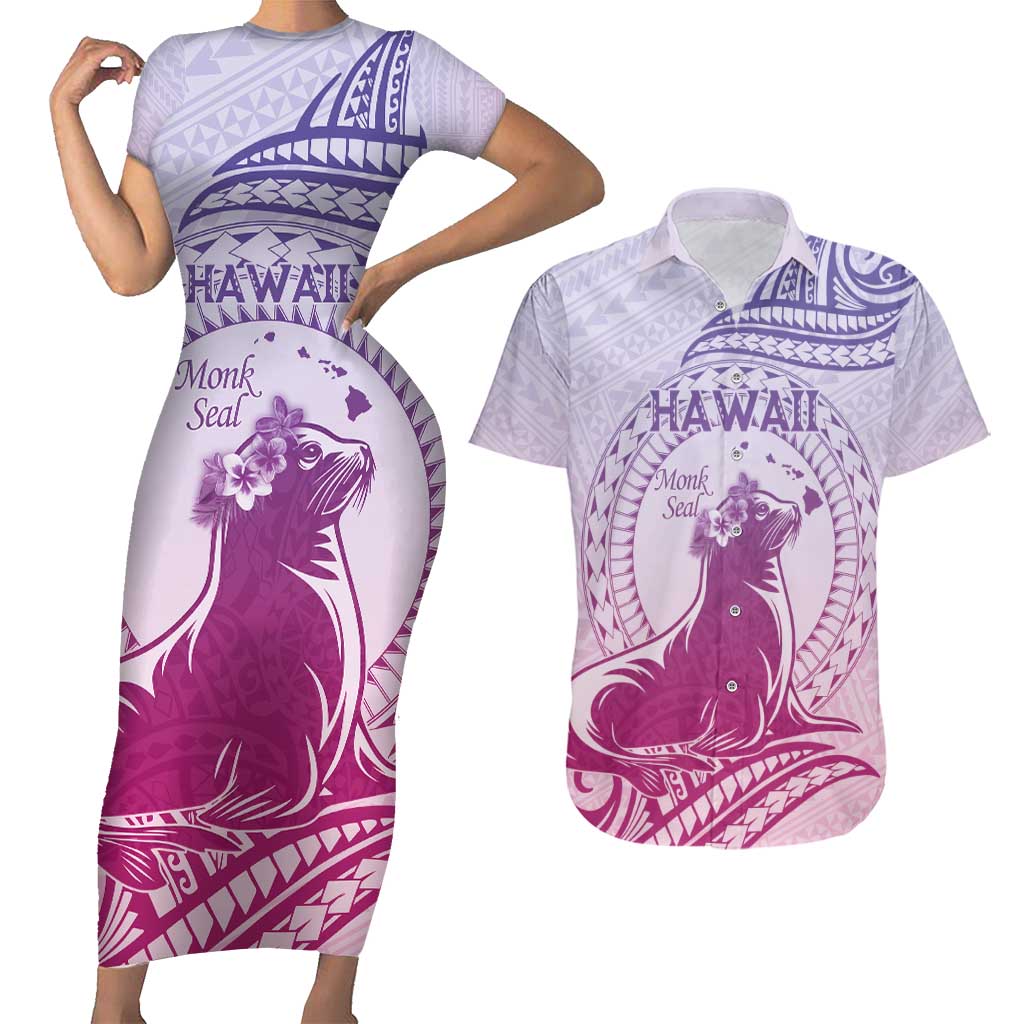 Personalised Hawaii Monk Seal Couples Matching Short Sleeve Bodycon Dress and Hawaiian Shirt Polynesian Tattoo With Tropical Flowers - Purple Gradient