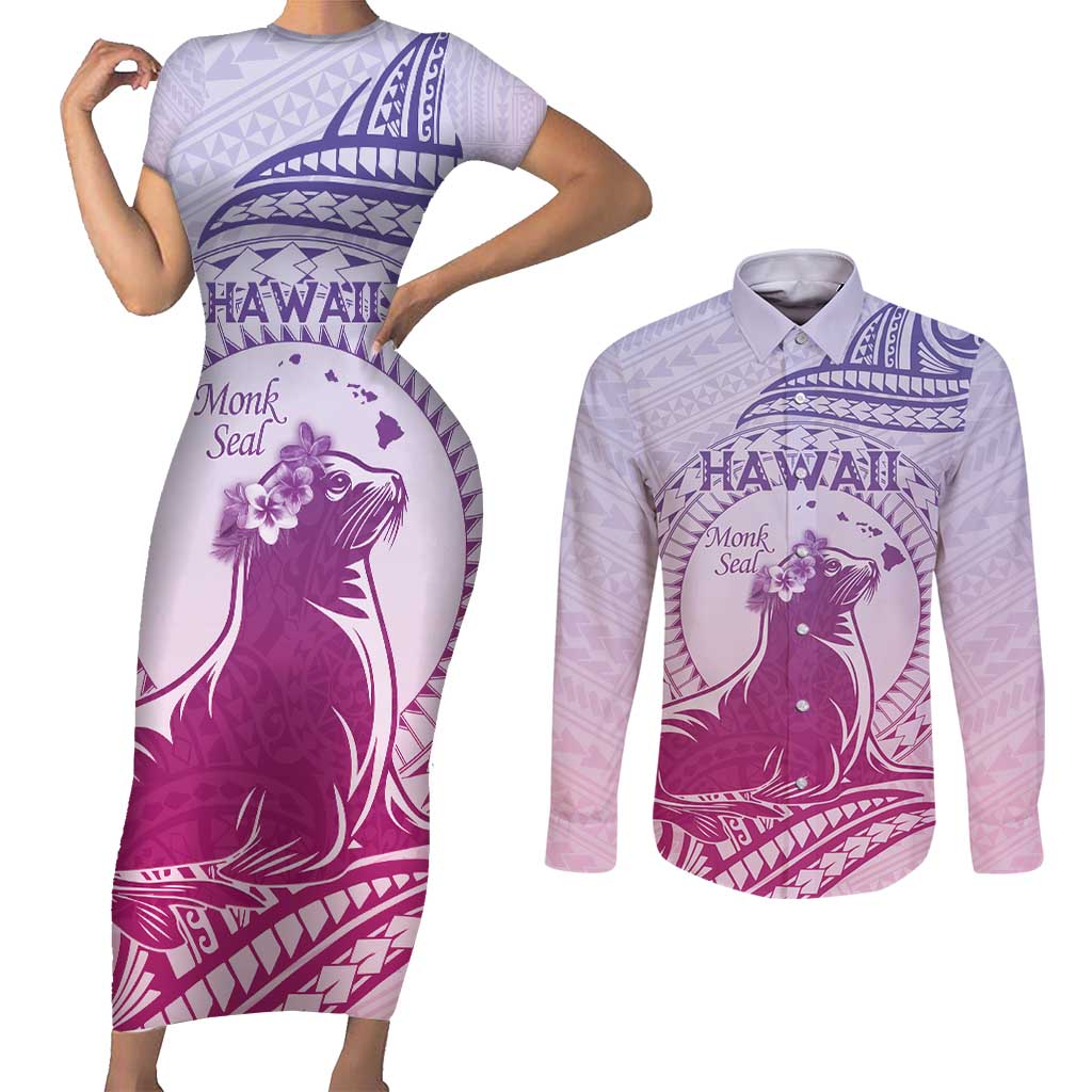 Personalised Hawaii Monk Seal Couples Matching Short Sleeve Bodycon Dress and Long Sleeve Button Shirt Polynesian Tattoo With Tropical Flowers - Purple Gradient