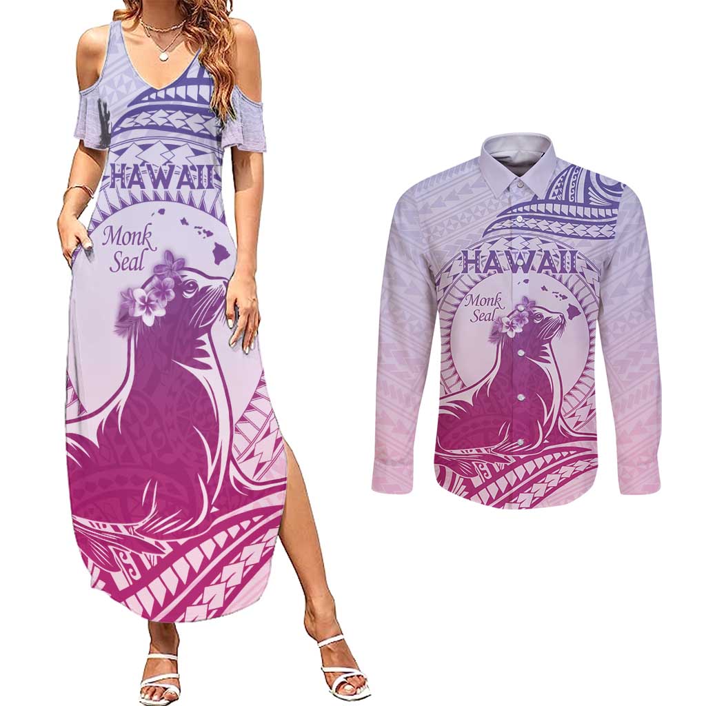 Personalised Hawaii Monk Seal Couples Matching Summer Maxi Dress and Long Sleeve Button Shirt Polynesian Tattoo With Tropical Flowers - Purple Gradient LT14 Purple - Polynesian Pride