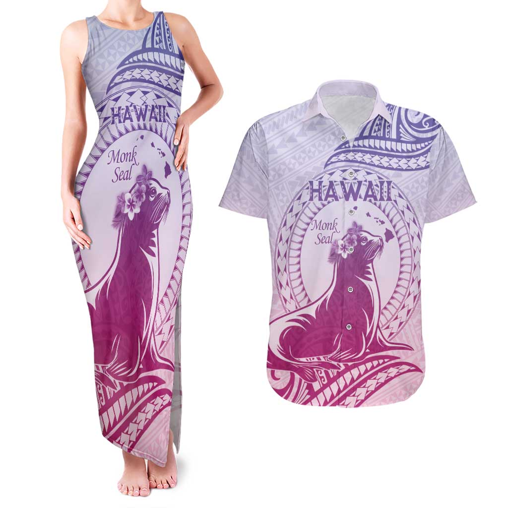 Personalised Hawaii Monk Seal Couples Matching Tank Maxi Dress and Hawaiian Shirt Polynesian Tattoo With Tropical Flowers - Purple Gradient