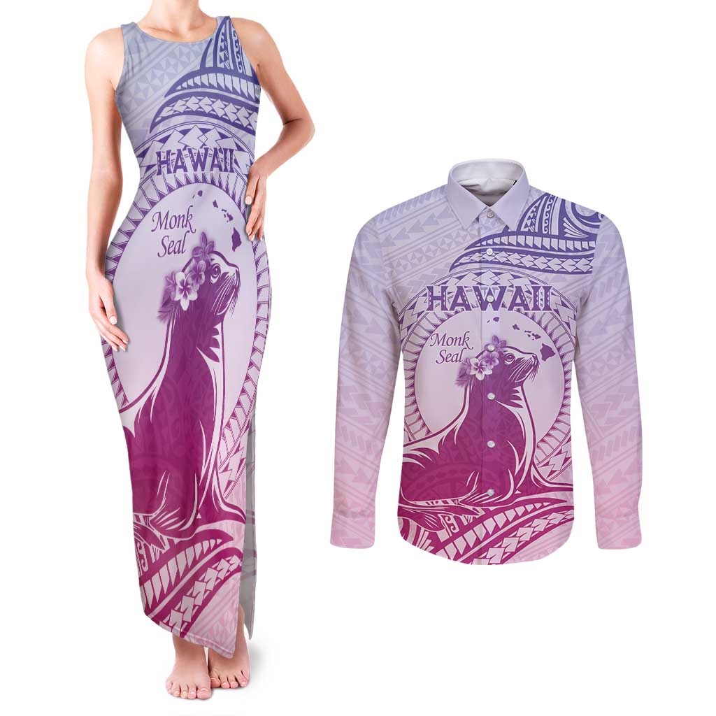 Personalised Hawaii Monk Seal Couples Matching Tank Maxi Dress and Long Sleeve Button Shirt Polynesian Tattoo With Tropical Flowers - Purple Gradient