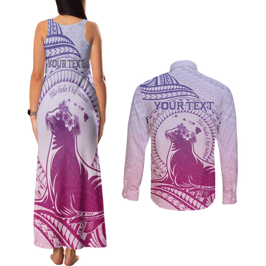 Personalised Hawaii Monk Seal Couples Matching Tank Maxi Dress and Long Sleeve Button Shirt Polynesian Tattoo With Tropical Flowers - Purple Gradient LT14 - Polynesian Pride