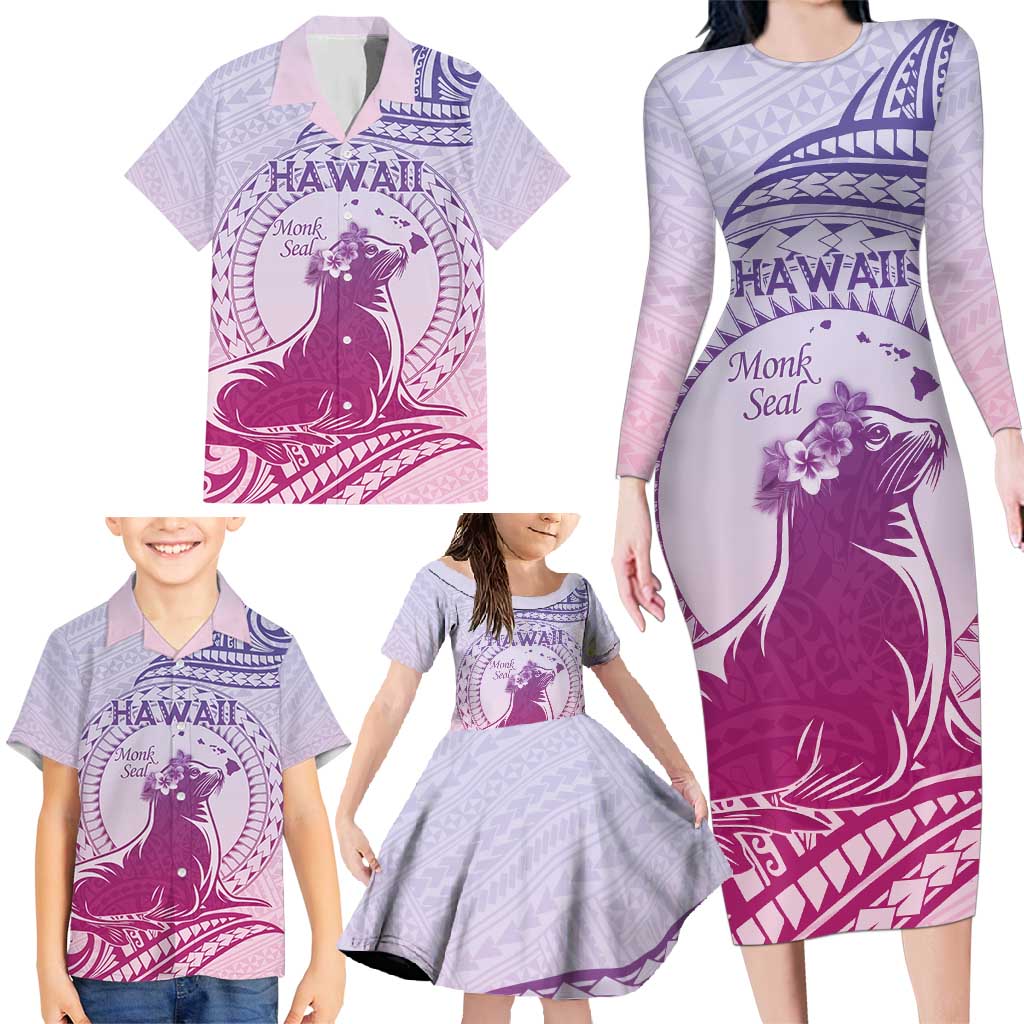 Personalised Hawaii Monk Seal Family Matching Long Sleeve Bodycon Dress and Hawaiian Shirt Polynesian Tattoo With Tropical Flowers - Purple Gradient