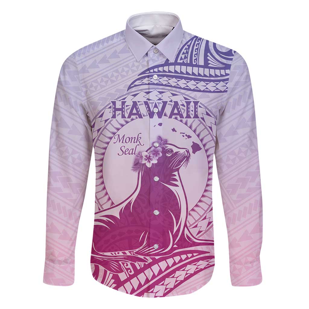 Personalised Hawaii Monk Seal Family Matching Long Sleeve Bodycon Dress and Hawaiian Shirt Polynesian Tattoo With Tropical Flowers - Purple Gradient