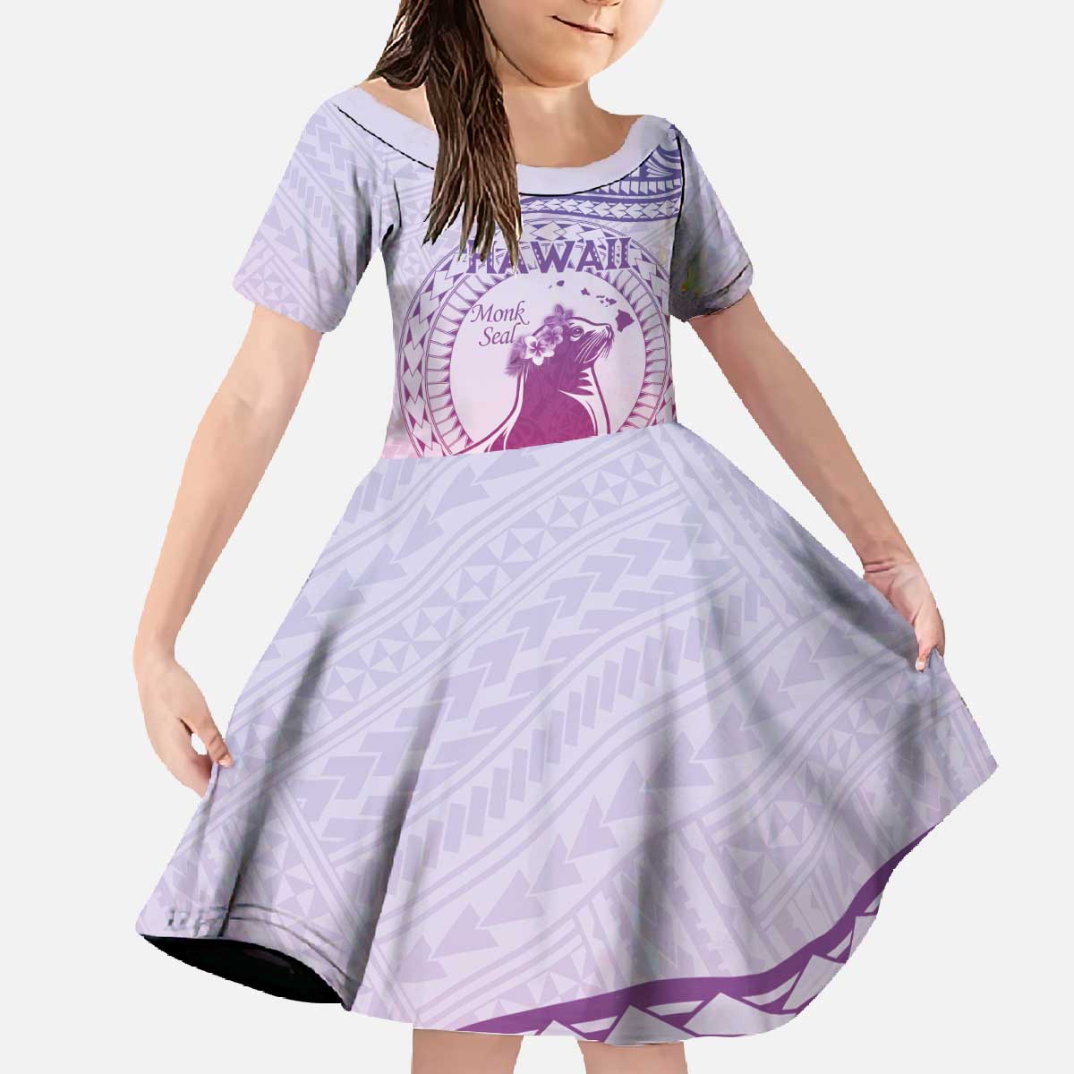 Personalised Hawaii Monk Seal Family Matching Off The Shoulder Long Sleeve Dress and Hawaiian Shirt Polynesian Tattoo With Tropical Flowers - Purple Gradient LT14 Daughter's Dress Purple - Polynesian Pride