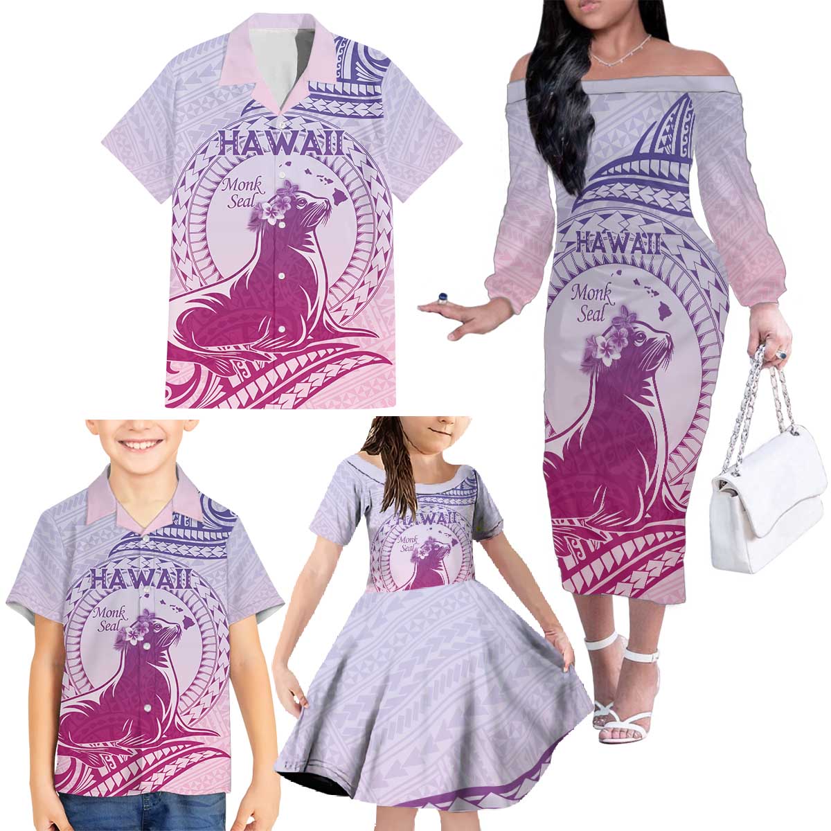 Personalised Hawaii Monk Seal Family Matching Off The Shoulder Long Sleeve Dress and Hawaiian Shirt Polynesian Tattoo With Tropical Flowers - Purple Gradient