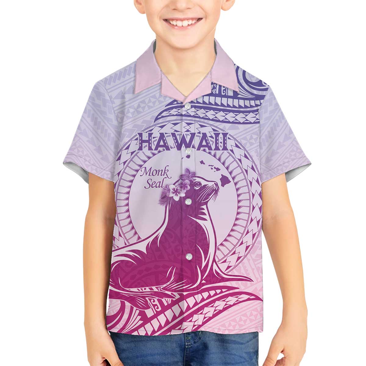 Personalised Hawaii Monk Seal Family Matching Off The Shoulder Long Sleeve Dress and Hawaiian Shirt Polynesian Tattoo With Tropical Flowers - Purple Gradient LT14 Son's Shirt Purple - Polynesian Pride