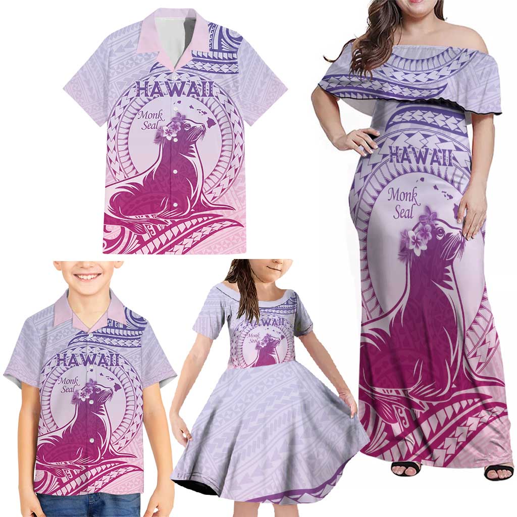 Personalised Hawaii Monk Seal Family Matching Off Shoulder Maxi Dress and Hawaiian Shirt Polynesian Tattoo With Tropical Flowers - Purple Gradient