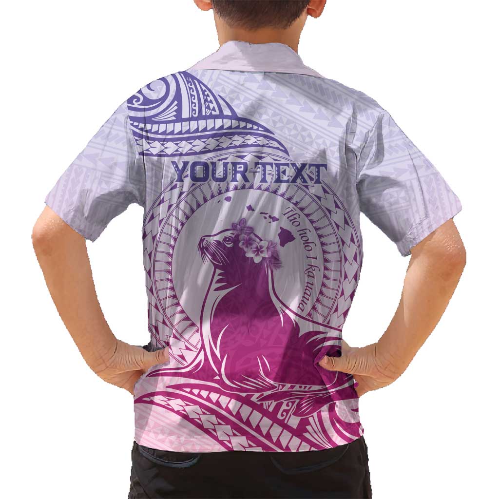 Personalised Hawaii Monk Seal Family Matching Summer Maxi Dress and Hawaiian Shirt Polynesian Tattoo With Tropical Flowers - Purple Gradient