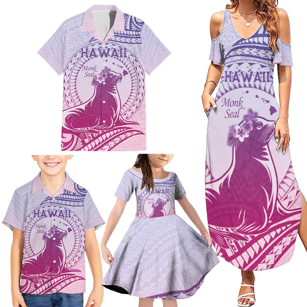 Personalised Hawaii Monk Seal Family Matching Summer Maxi Dress and Hawaiian Shirt Polynesian Tattoo With Tropical Flowers - Purple Gradient LT14 - Polynesian Pride