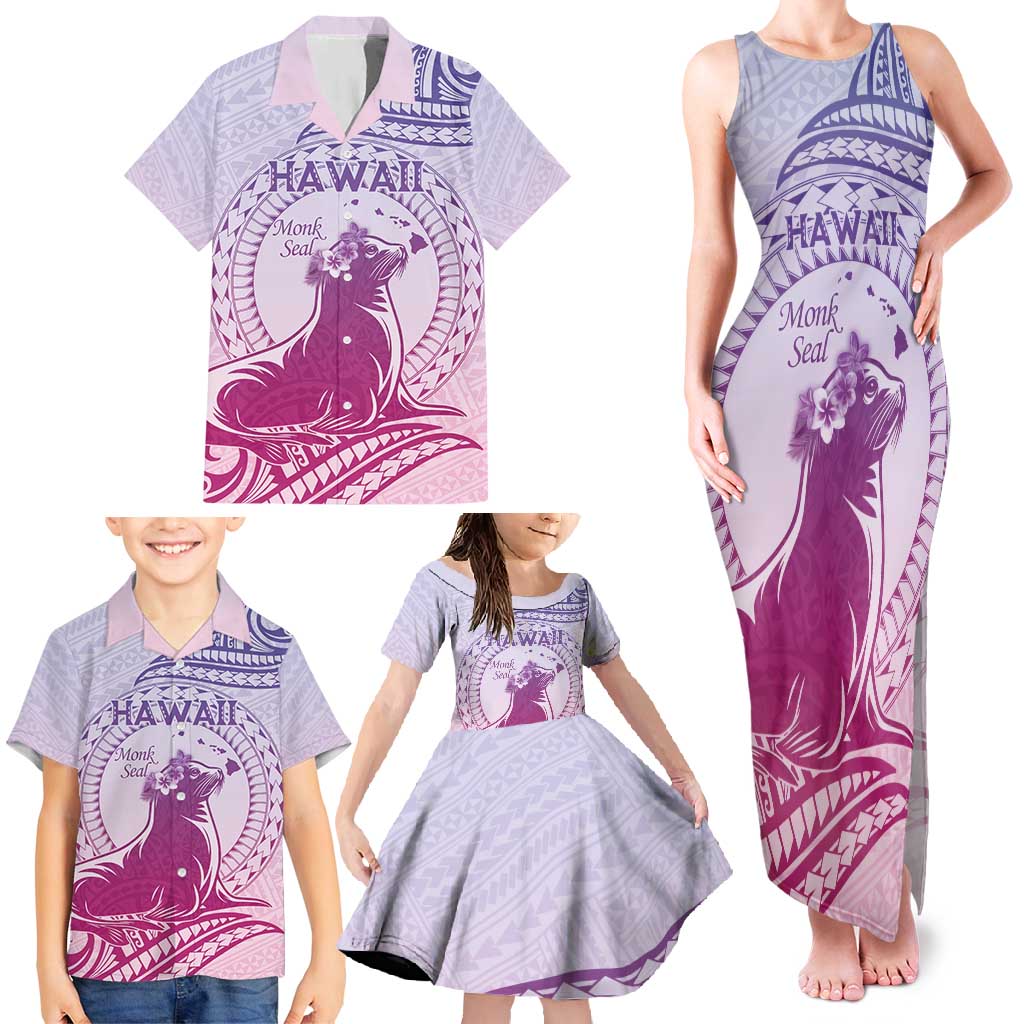 Personalised Hawaii Monk Seal Family Matching Tank Maxi Dress and Hawaiian Shirt Polynesian Tattoo With Tropical Flowers - Purple Gradient