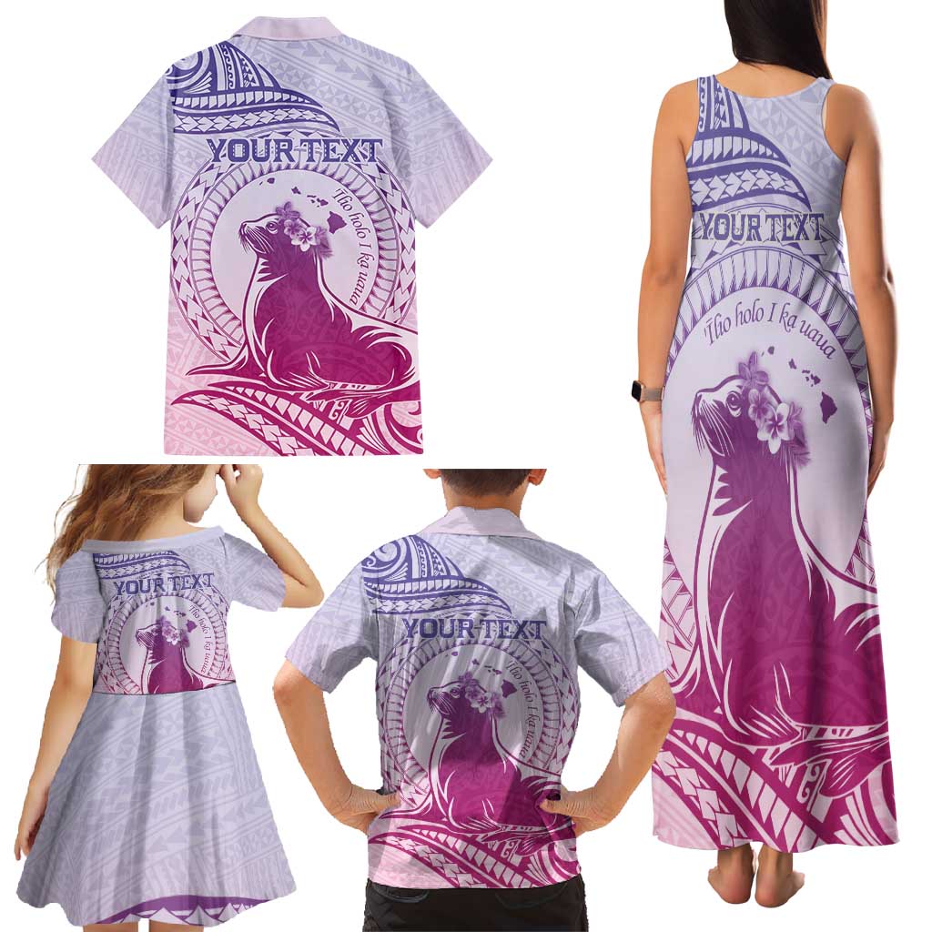 Personalised Hawaii Monk Seal Family Matching Tank Maxi Dress and Hawaiian Shirt Polynesian Tattoo With Tropical Flowers - Purple Gradient