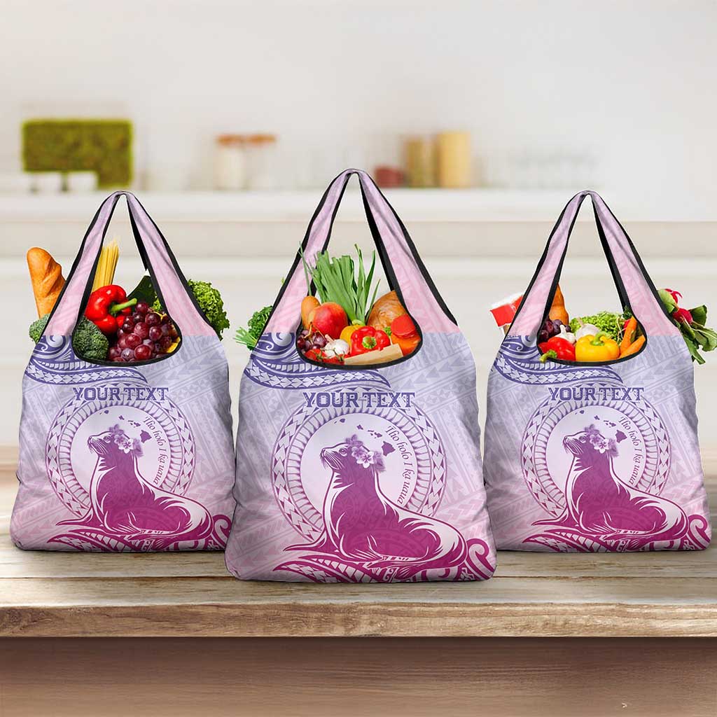 Personalised Hawaii Monk Seal Grocery Bag Polynesian Tattoo With Tropical Flowers - Purple Gradient LT14 3-pack One Size Purple - Polynesian Pride