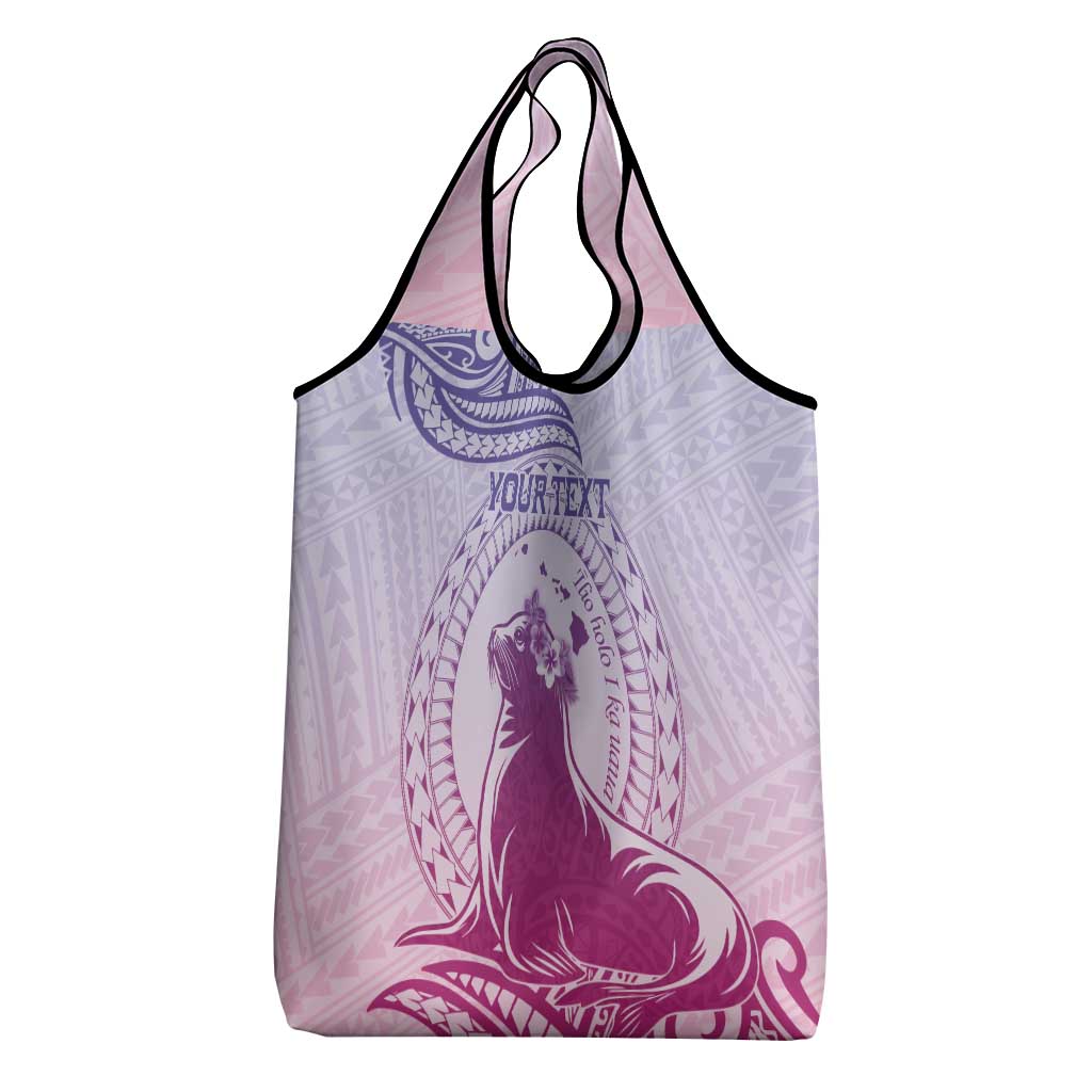Personalised Hawaii Monk Seal Grocery Bag Polynesian Tattoo With Tropical Flowers - Purple Gradient LT14 - Polynesian Pride