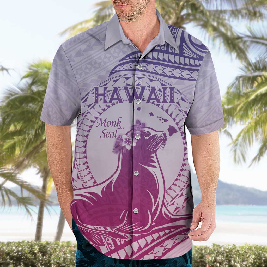 Personalised Hawaii Monk Seal Hawaiian Shirt Polynesian Tattoo With Tropical Flowers - Purple Gradient LT14 - Polynesian Pride