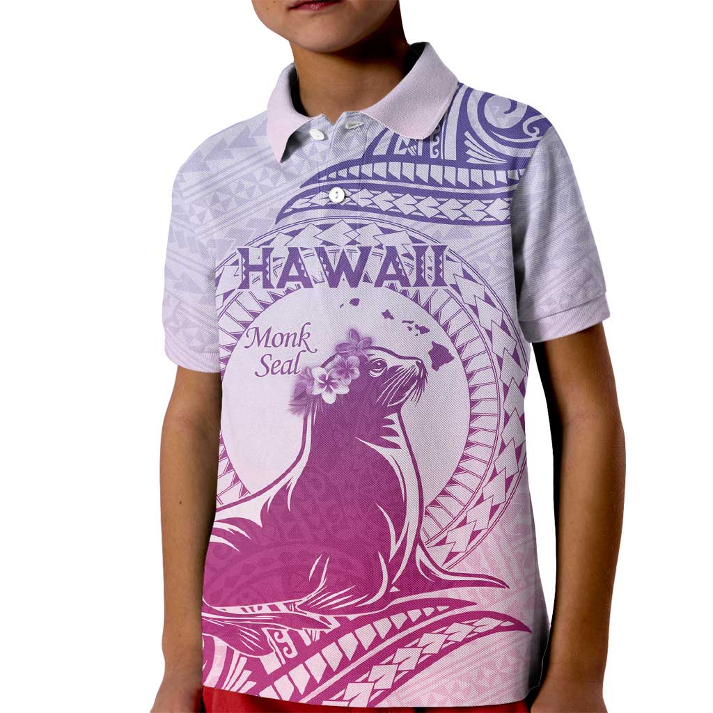 Personalised Hawaii Monk Seal Kid Polo Shirt Polynesian Tattoo With Tropical Flowers - Purple Gradient