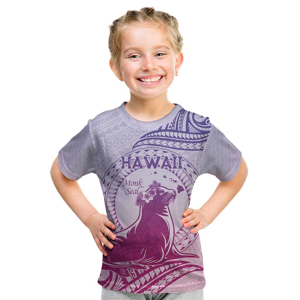 Personalised Hawaii Monk Seal Kid T Shirt Polynesian Tattoo With Tropical Flowers - Purple Gradient