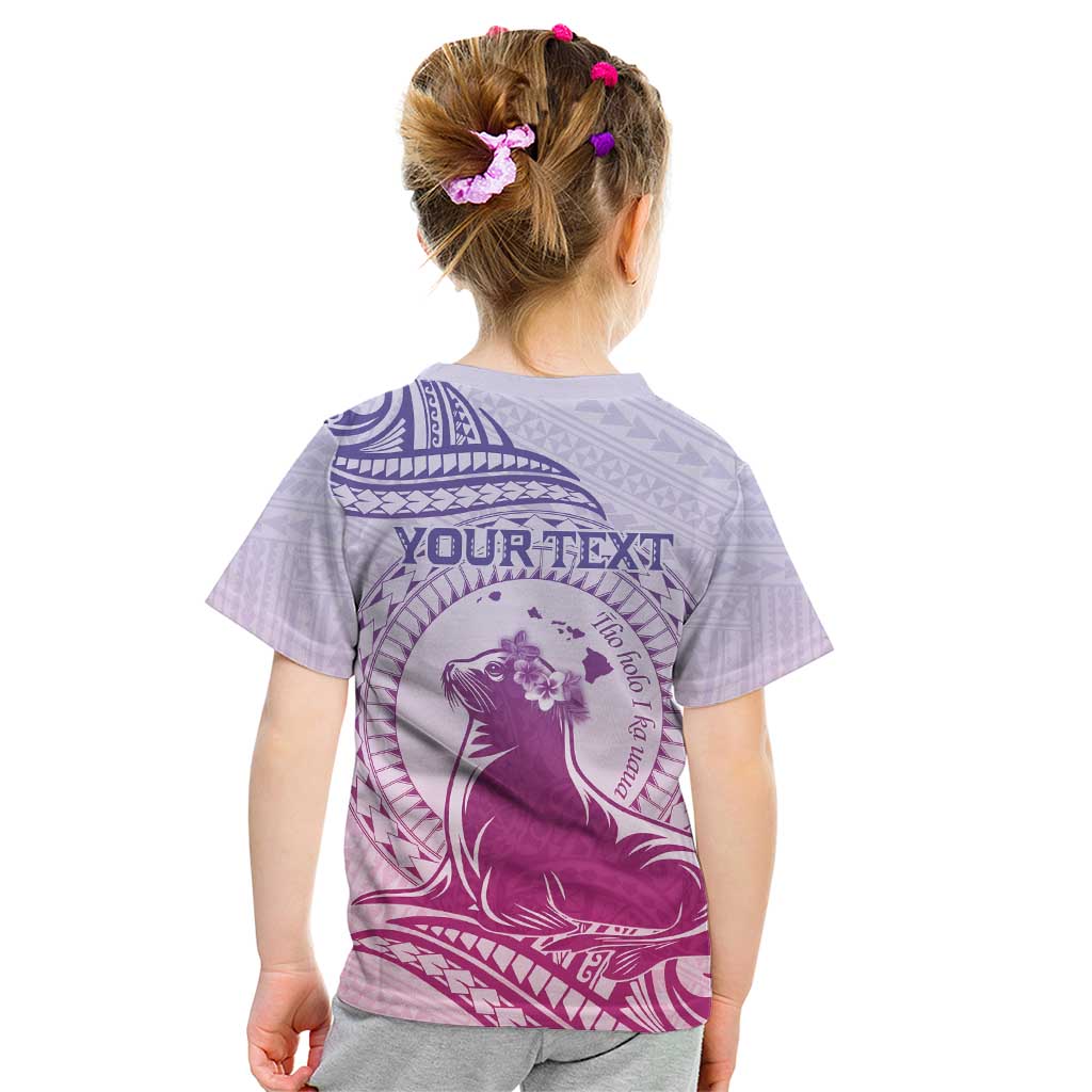 Personalised Hawaii Monk Seal Kid T Shirt Polynesian Tattoo With Tropical Flowers - Purple Gradient