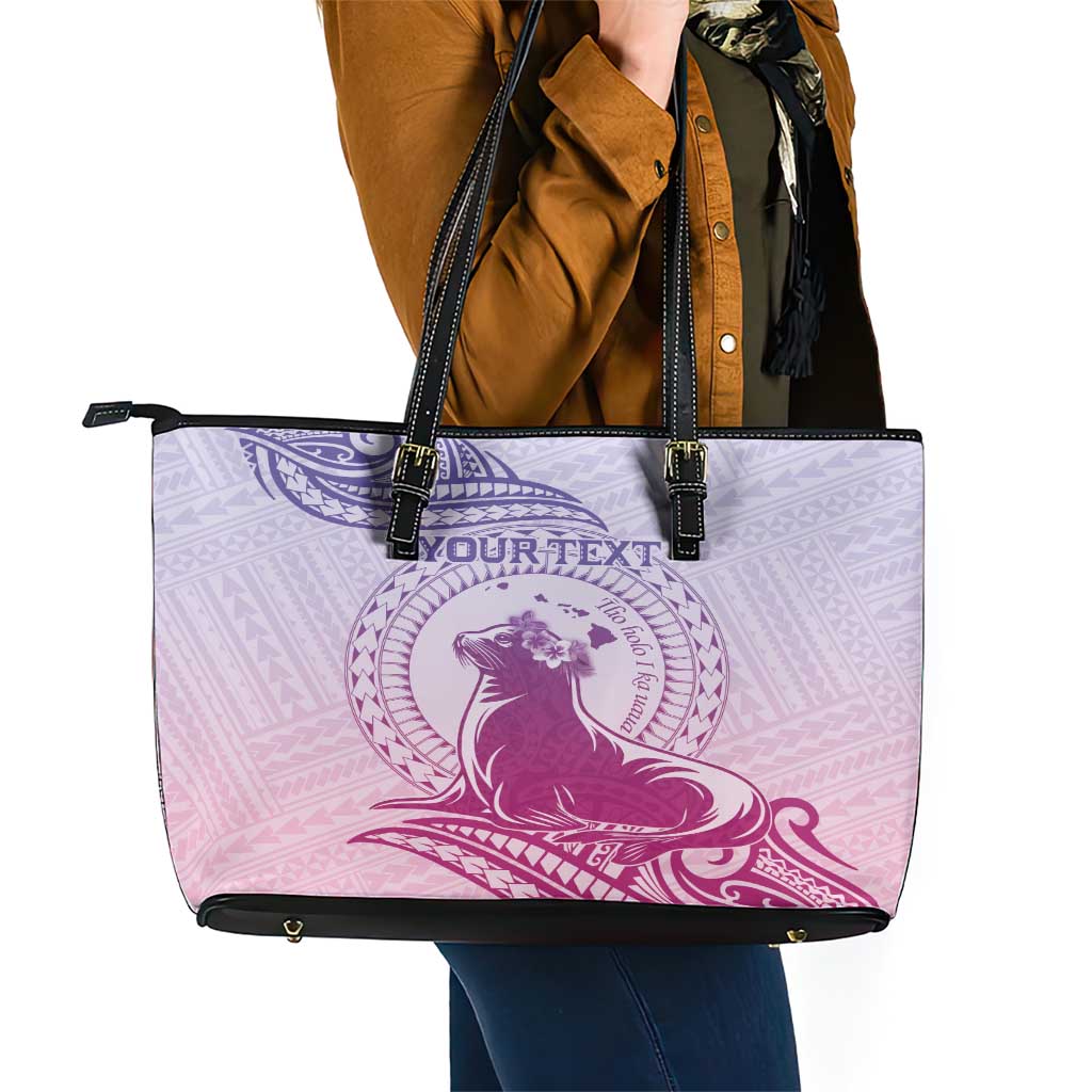 Personalised Hawaii Monk Seal Leather Tote Bag Polynesian Tattoo With Tropical Flowers - Purple Gradient LT14 - Polynesian Pride