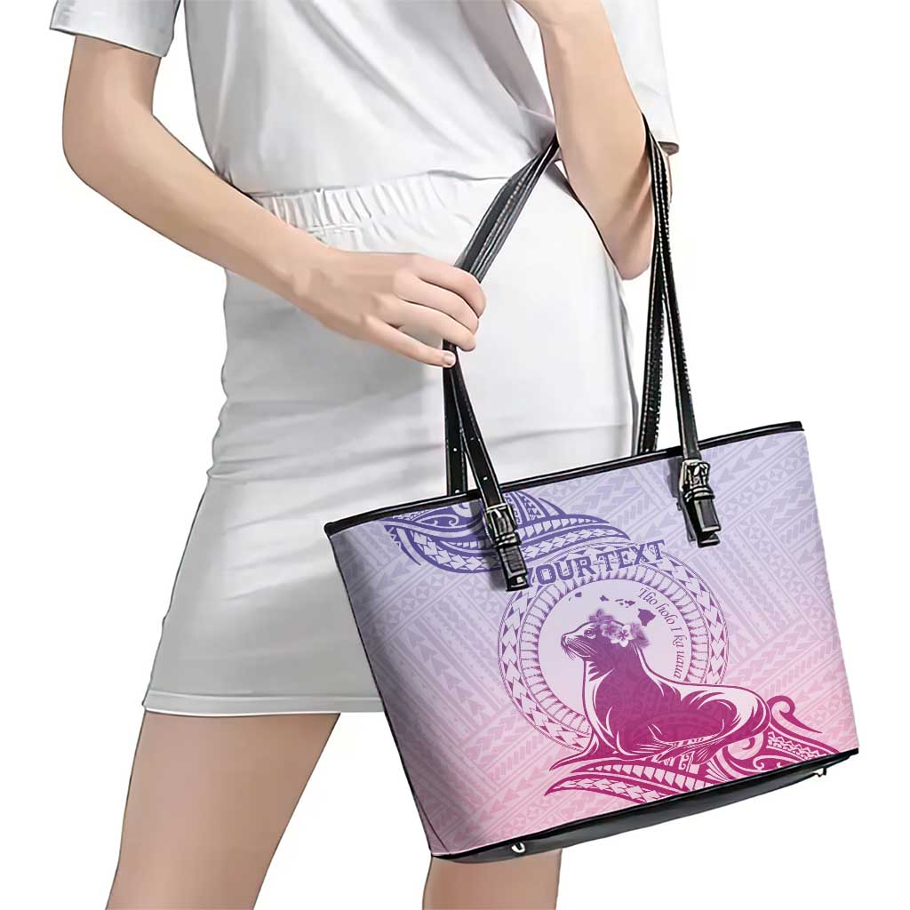 Personalised Hawaii Monk Seal Leather Tote Bag Polynesian Tattoo With Tropical Flowers - Purple Gradient LT14 - Polynesian Pride