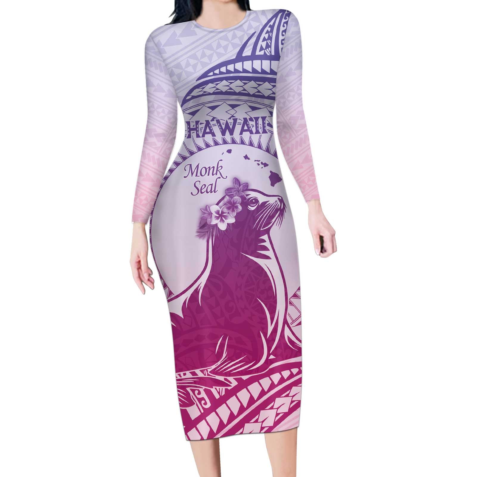 Personalised Hawaii Monk Seal Long Sleeve Bodycon Dress Polynesian Tattoo With Tropical Flowers - Purple Gradient