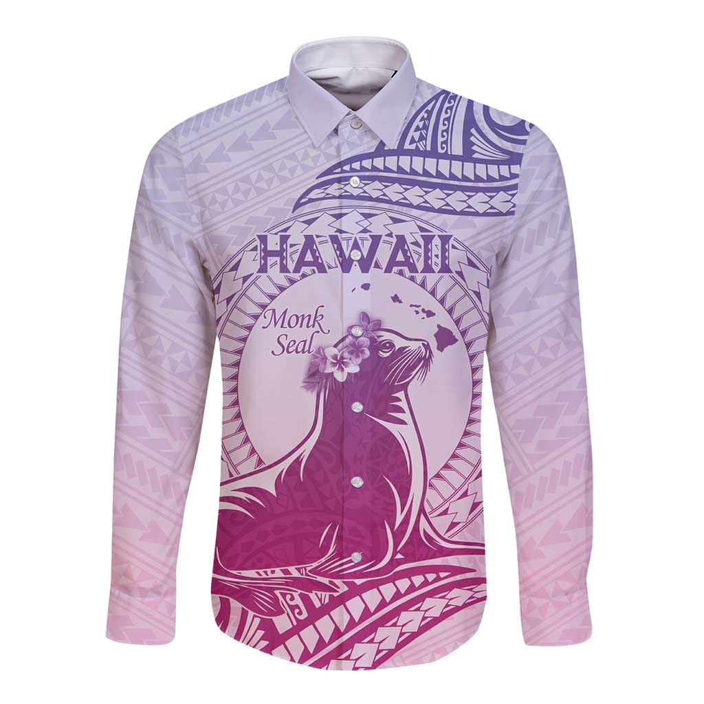 Personalised Hawaii Monk Seal Long Sleeve Button Shirt Polynesian Tattoo With Tropical Flowers - Purple Gradient