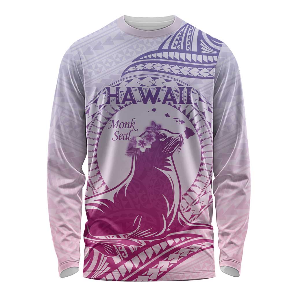 Personalised Hawaii Monk Seal Long Sleeve Shirt Polynesian Tattoo With Tropical Flowers - Purple Gradient