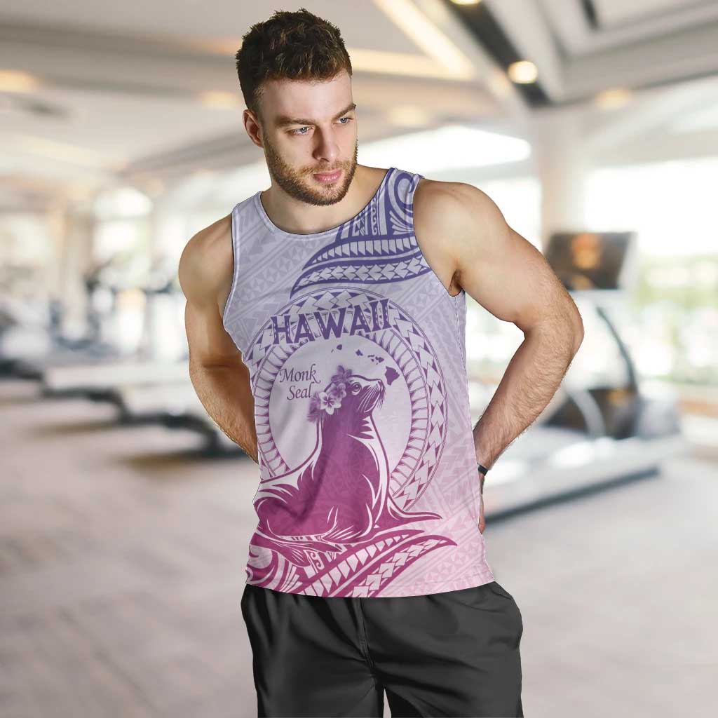 Personalised Hawaii Monk Seal Men Tank Top Polynesian Tattoo With Tropical Flowers - Purple Gradient LT14 Purple - Polynesian Pride