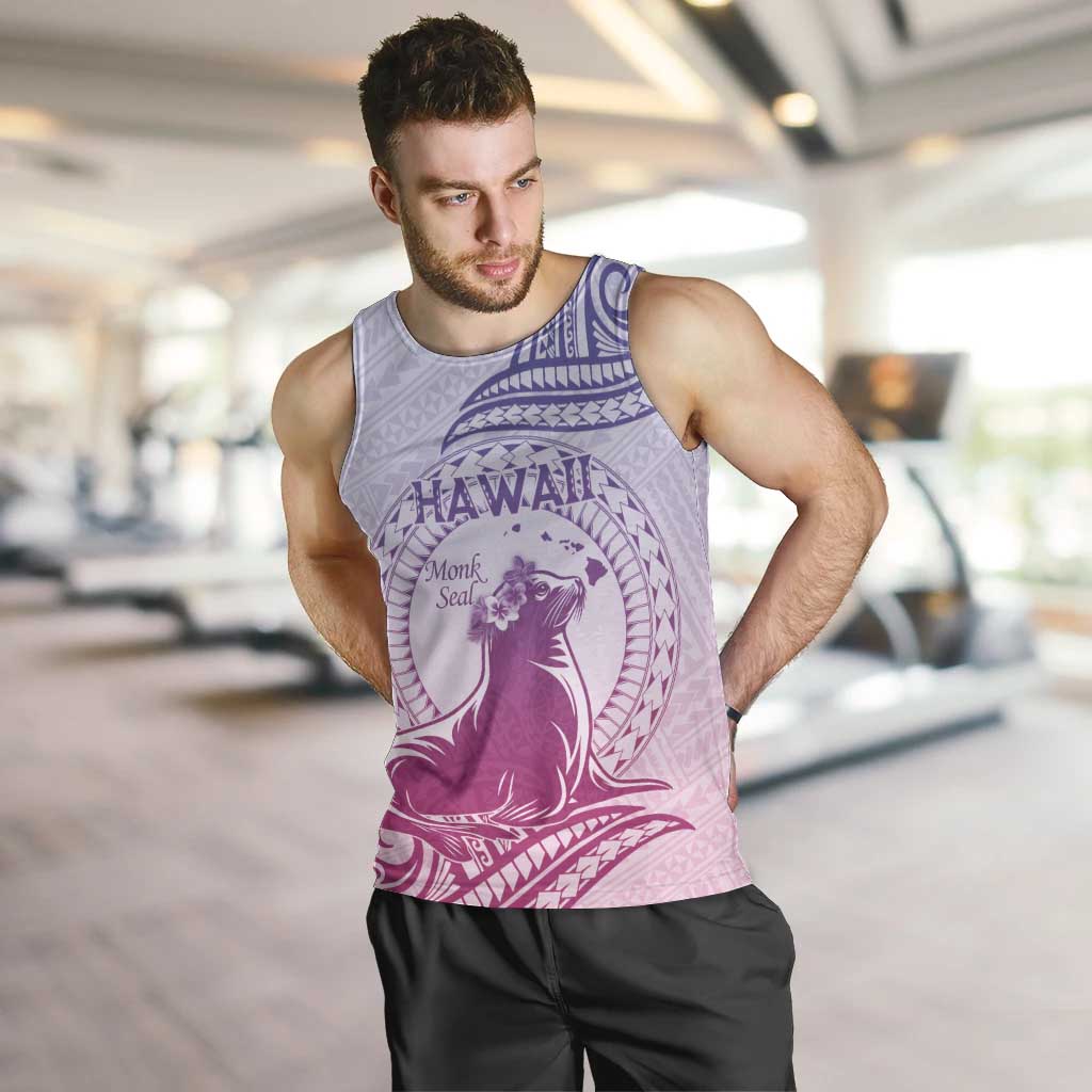 Personalised Hawaii Monk Seal Men Tank Top Polynesian Tattoo With Tropical Flowers - Purple Gradient