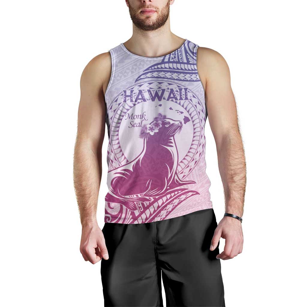 Personalised Hawaii Monk Seal Men Tank Top Polynesian Tattoo With Tropical Flowers - Purple Gradient LT14 - Polynesian Pride