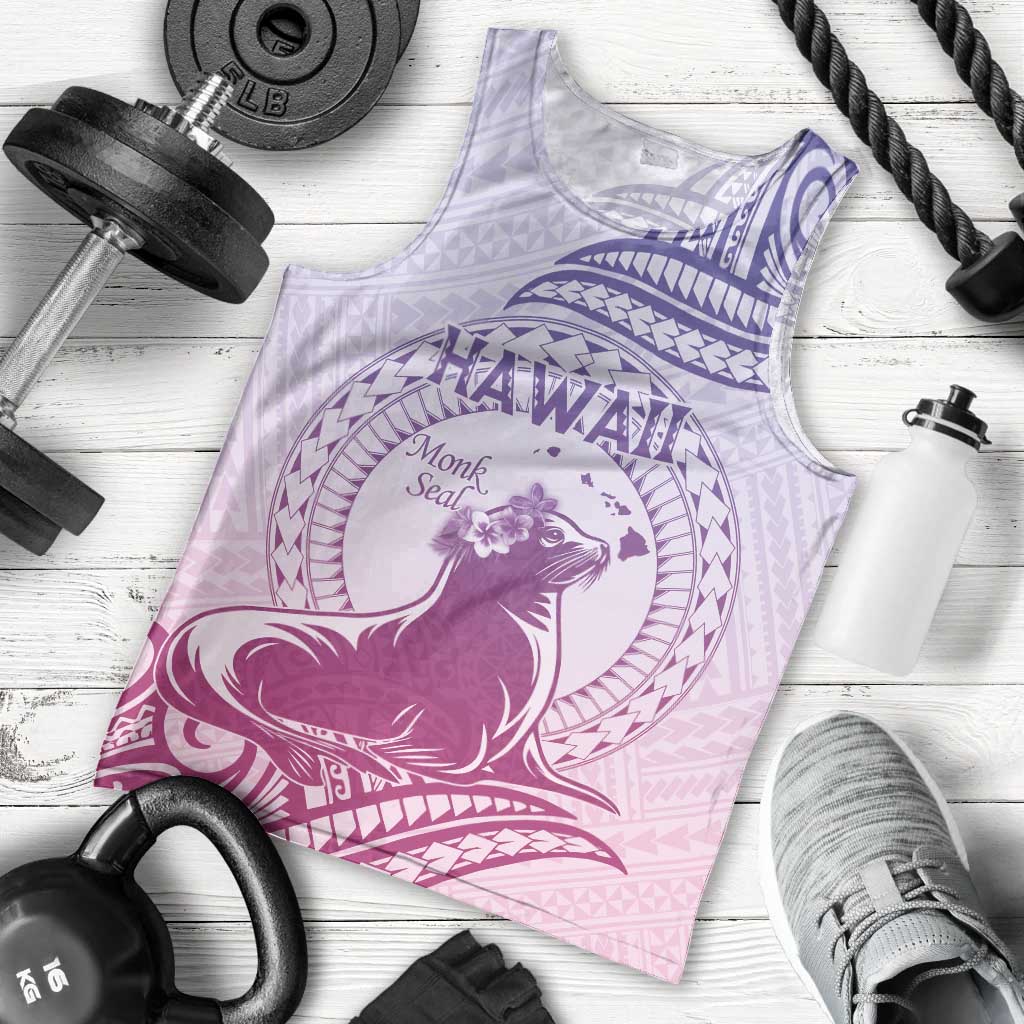 Personalised Hawaii Monk Seal Men Tank Top Polynesian Tattoo With Tropical Flowers - Purple Gradient LT14 - Polynesian Pride