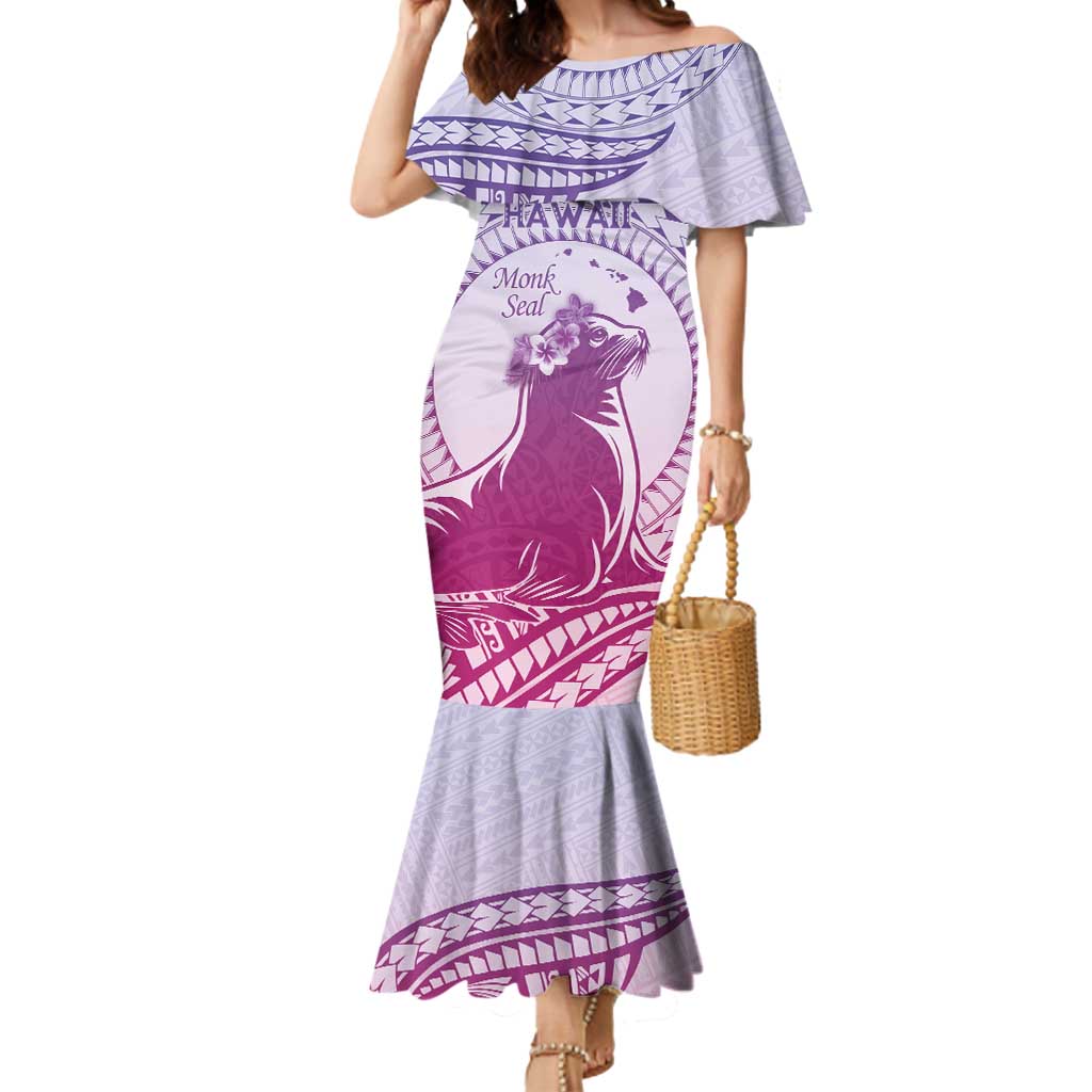 Personalised Hawaii Monk Seal Mermaid Dress Polynesian Tattoo With Tropical Flowers - Purple Gradient