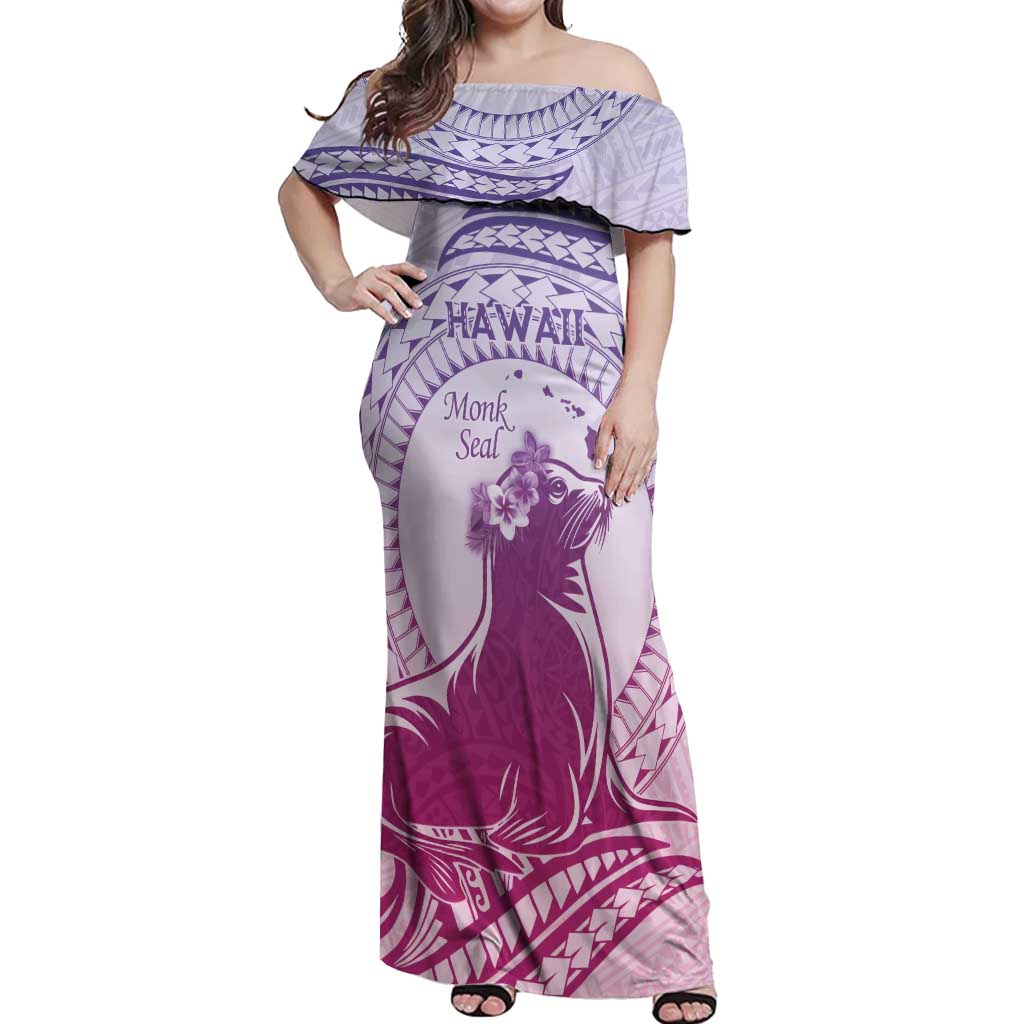 Personalised Hawaii Monk Seal Off Shoulder Maxi Dress Polynesian Tattoo With Tropical Flowers - Purple Gradient