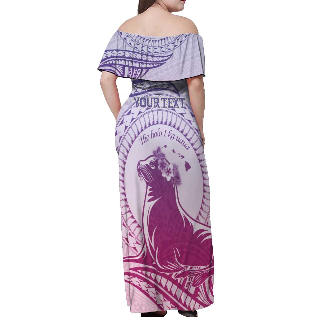 Personalised Hawaii Monk Seal Off Shoulder Maxi Dress Polynesian Tattoo With Tropical Flowers - Purple Gradient LT14 - Polynesian Pride