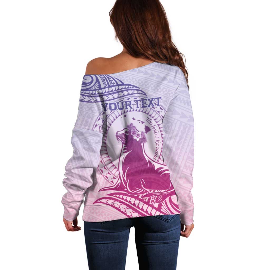 Personalised Hawaii Monk Seal Off Shoulder Sweater Polynesian Tattoo With Tropical Flowers - Purple Gradient