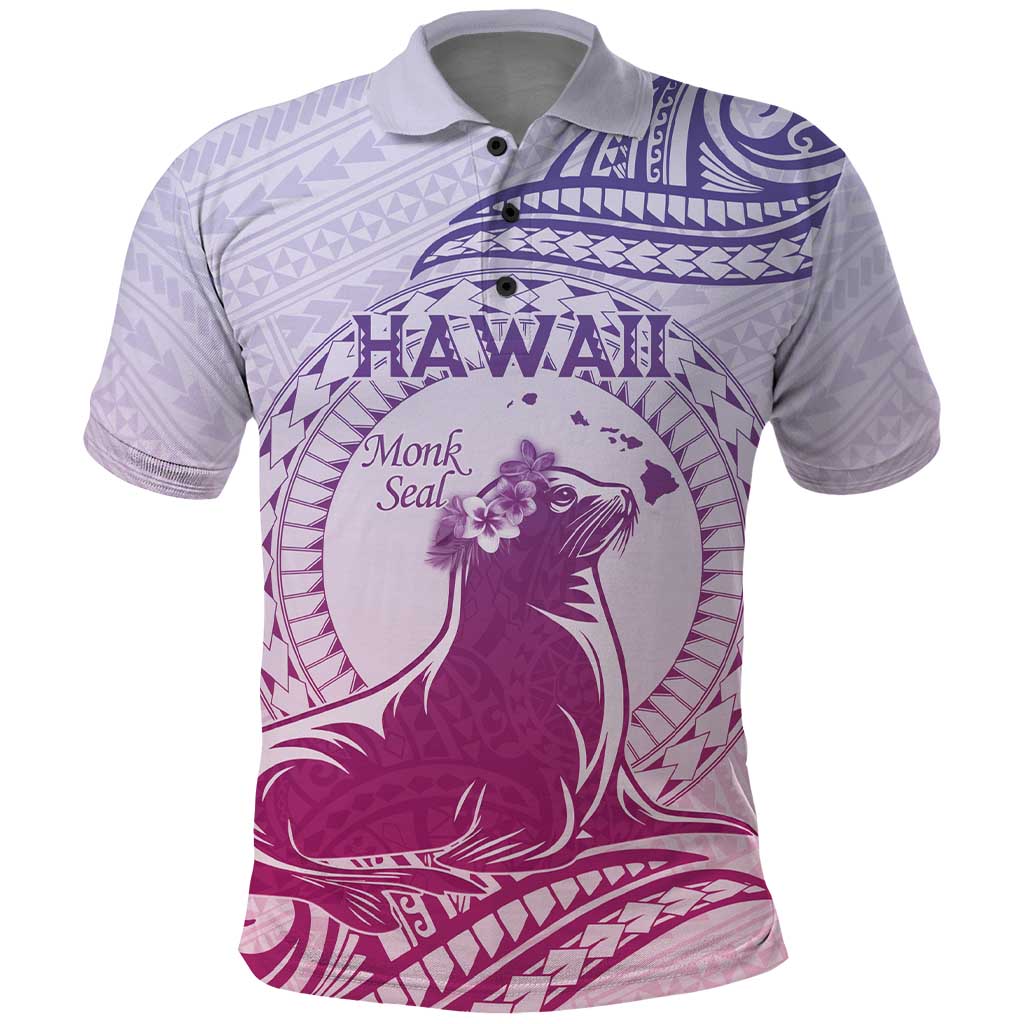 Personalised Hawaii Monk Seal Polo Shirt Polynesian Tattoo With Tropical Flowers - Purple Gradient