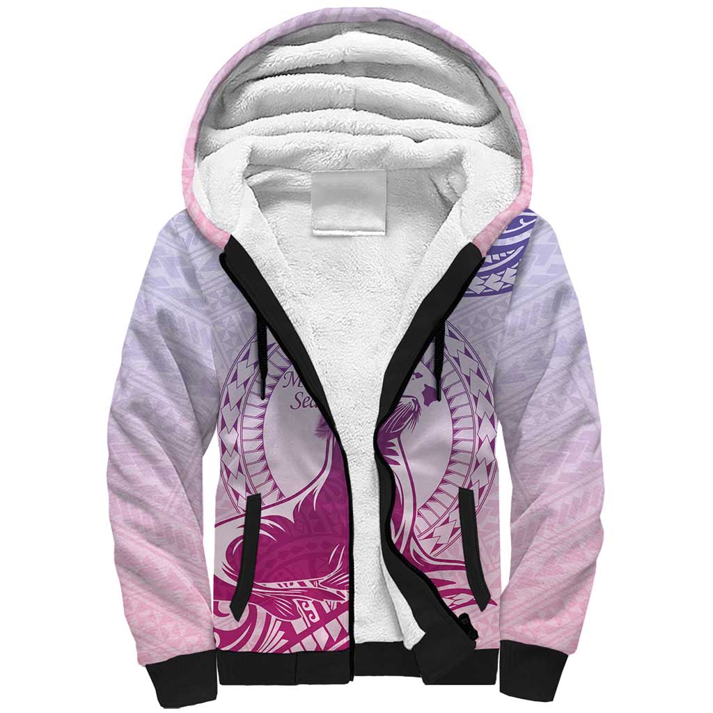 Personalised Hawaii Monk Seal Sherpa Hoodie Polynesian Tattoo With Tropical Flowers - Purple Gradient LT14 Unisex Purple - Polynesian Pride