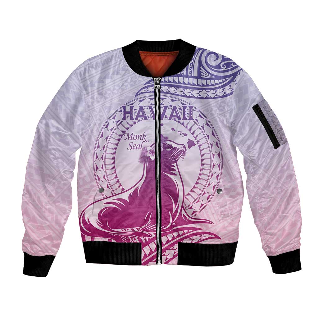 Personalised Hawaii Monk Seal Sleeve Zip Bomber Jacket Polynesian Tattoo With Tropical Flowers - Purple Gradient