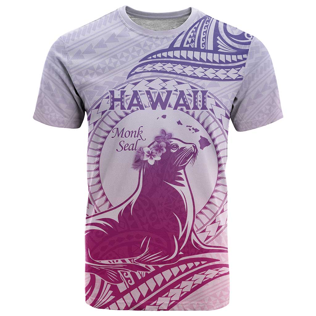 Personalised Hawaii Monk Seal T Shirt Polynesian Tattoo With Tropical Flowers - Purple Gradient