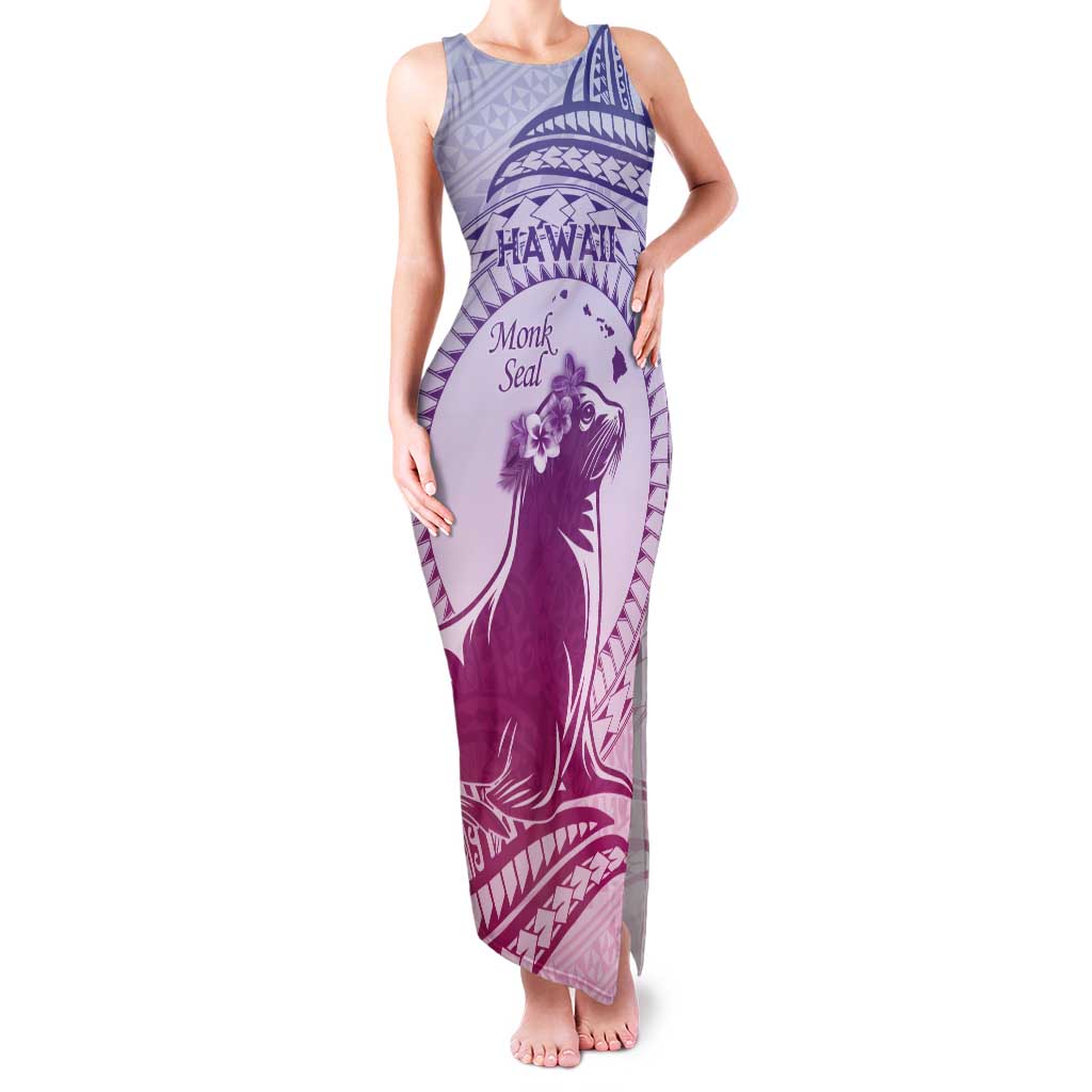 Personalised Hawaii Monk Seal Tank Maxi Dress Polynesian Tattoo With Tropical Flowers - Purple Gradient