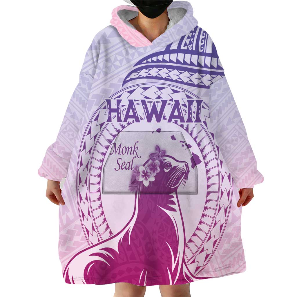 Personalised Hawaii Monk Seal Wearable Blanket Hoodie Polynesian Tattoo With Tropical Flowers - Purple Gradient LT14 - Polynesian Pride