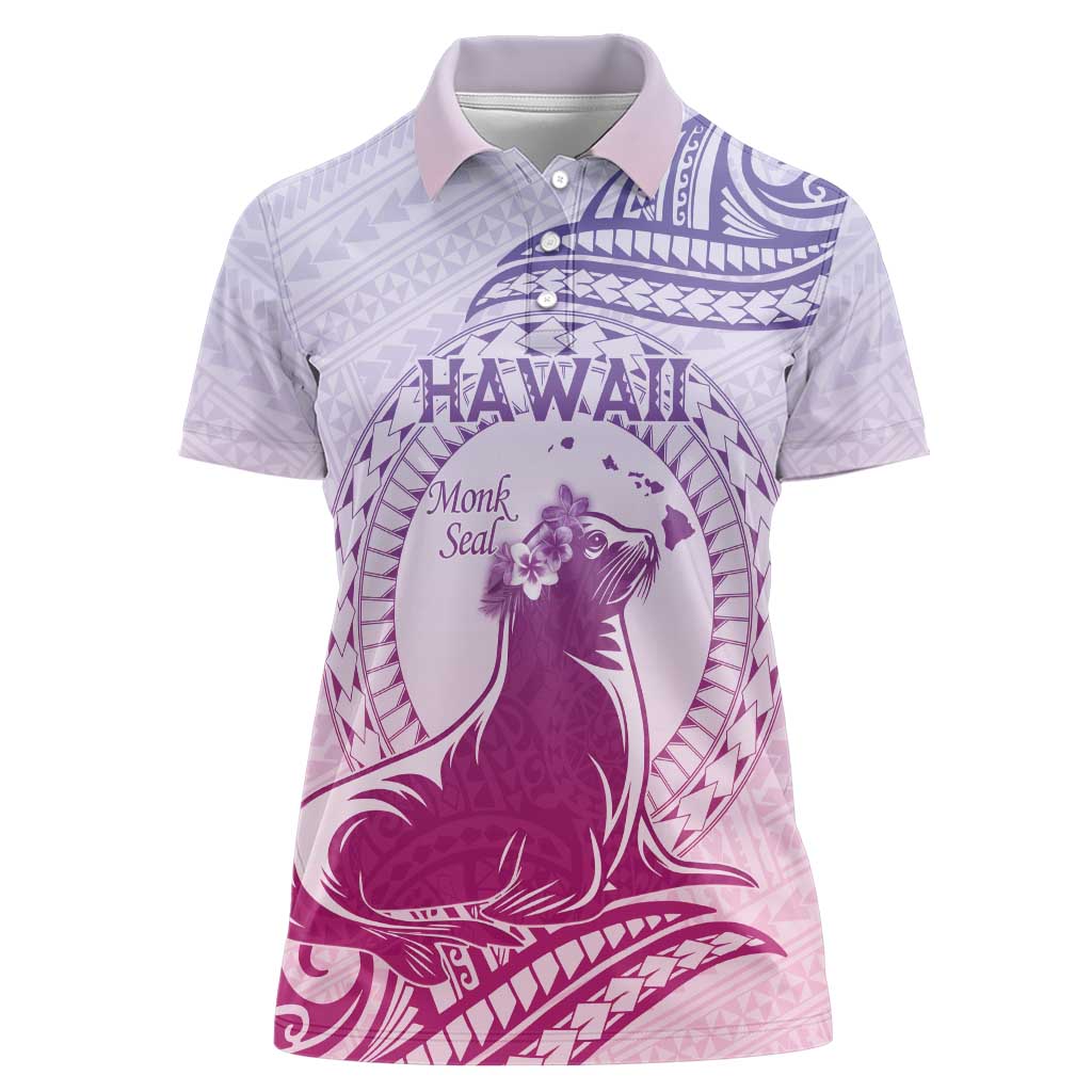 Personalised Hawaii Monk Seal Women Polo Shirt Polynesian Tattoo With Tropical Flowers - Purple Gradient