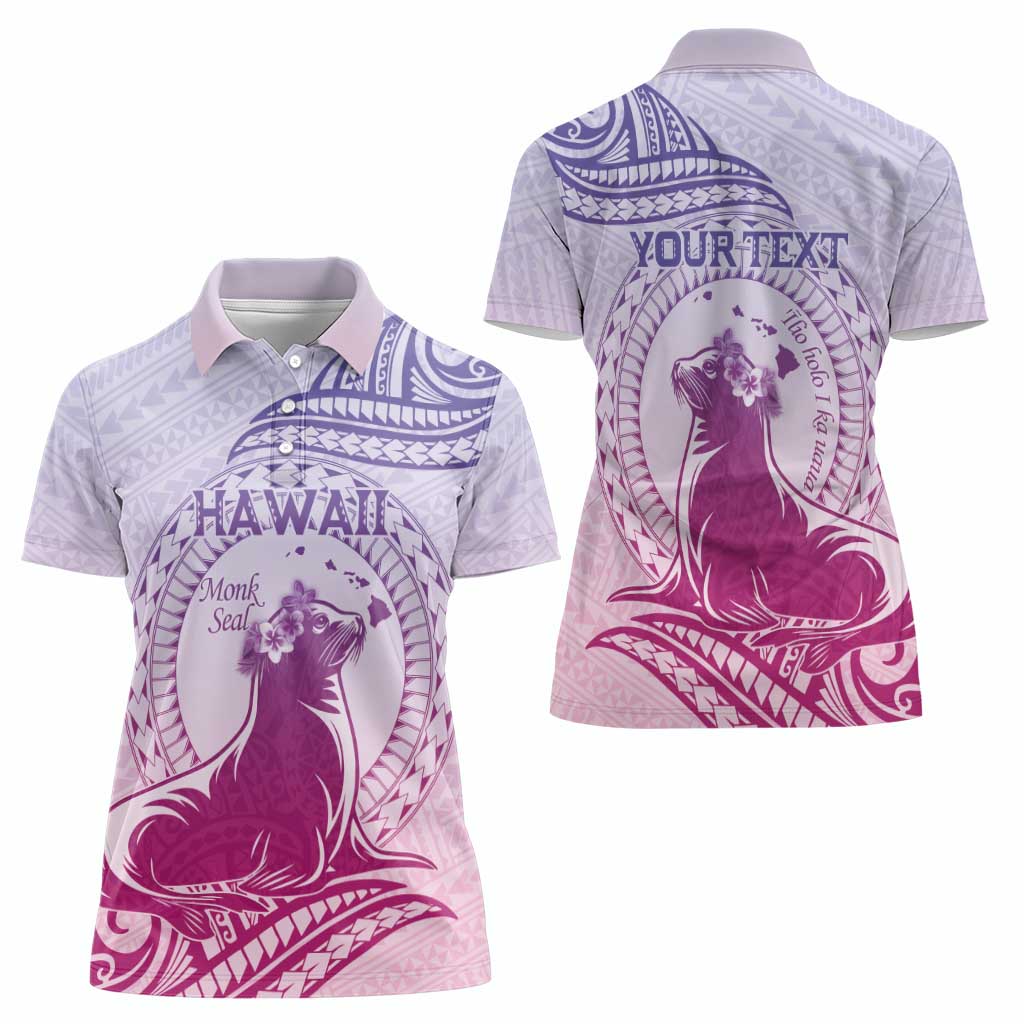Personalised Hawaii Monk Seal Women Polo Shirt Polynesian Tattoo With Tropical Flowers - Purple Gradient