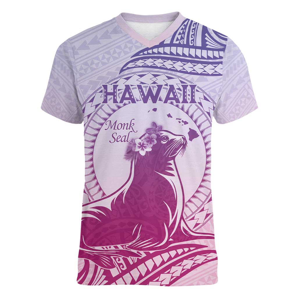 Personalised Hawaii Monk Seal Women V-Neck T-Shirt Polynesian Tattoo With Tropical Flowers - Purple Gradient